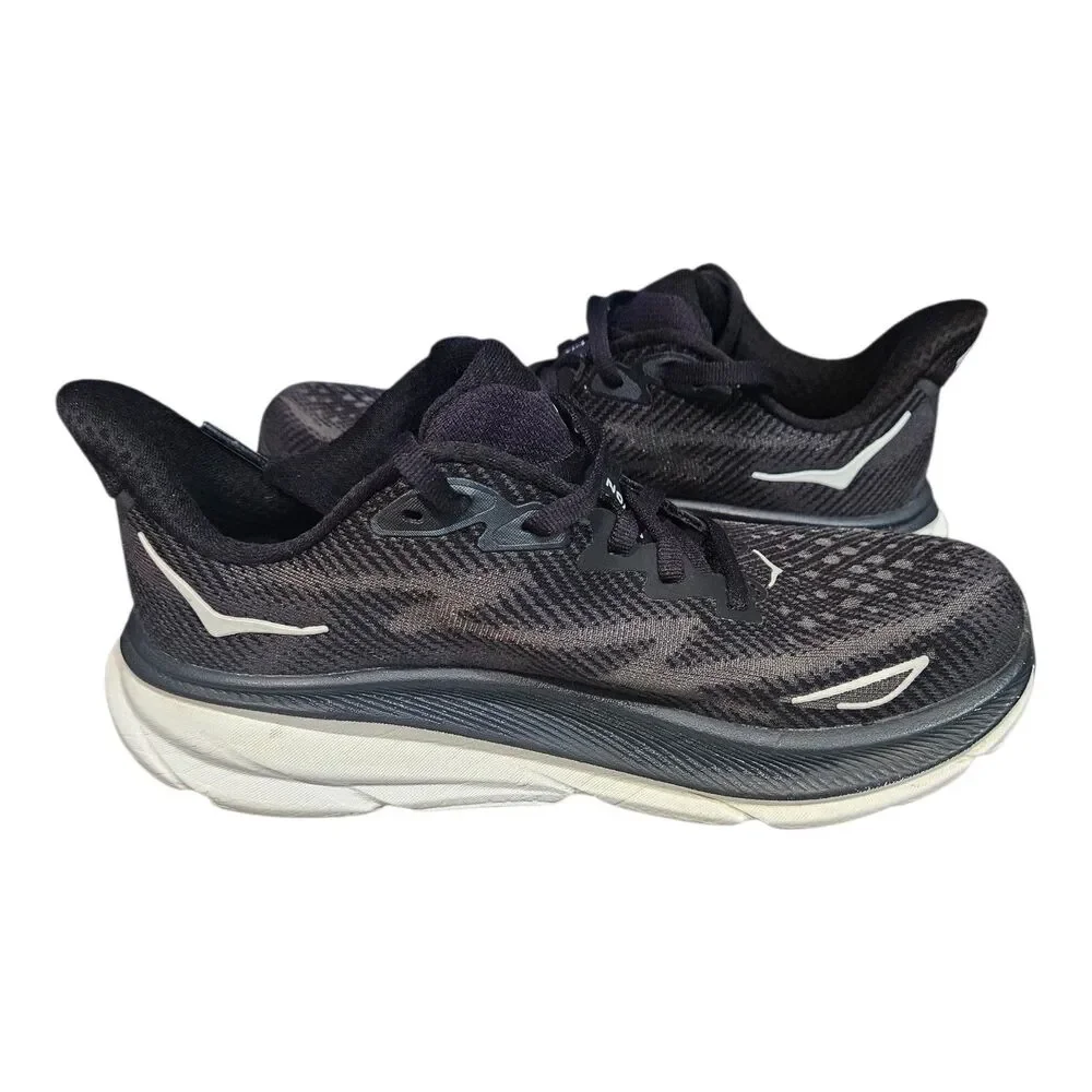 HOKA Clifton 9 Black/White Lace-Up Low Top Sneaker Running Shoes Unisex size 6B